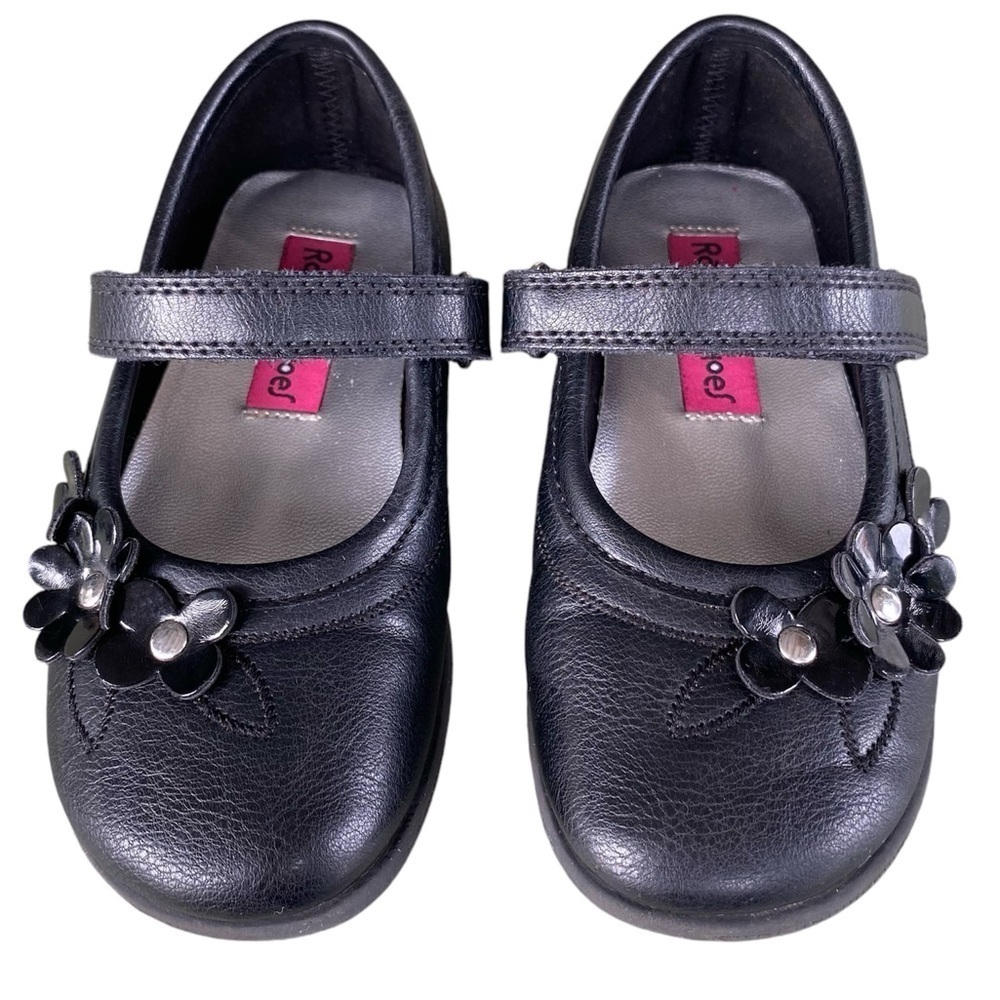 RACHEL SHOES LIZ Mary Jane Velcro Flower Detail Black Pleather Girls Toddler 9M